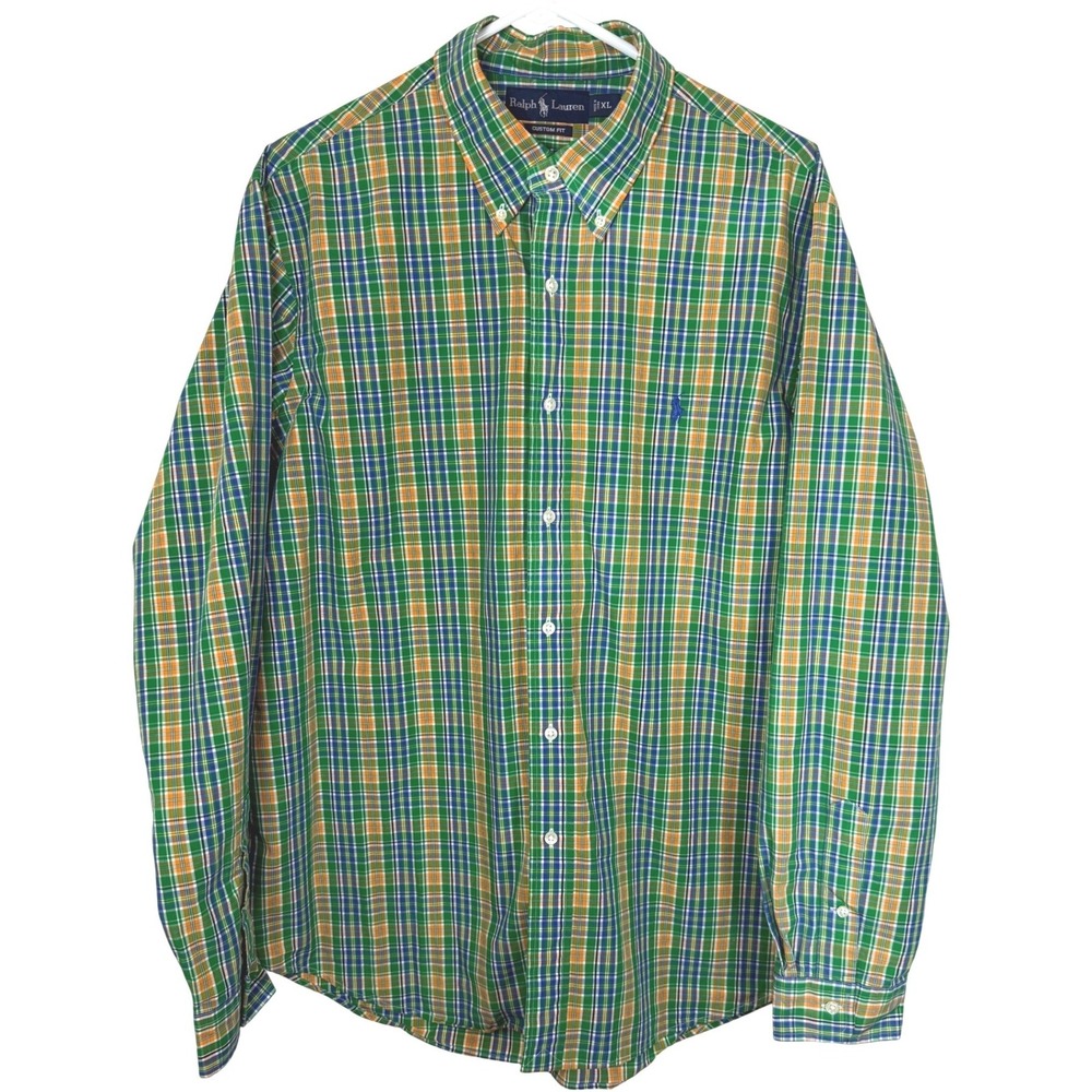 Ralph Lauren Button Shirt Men Size XL Green Orange Plaid Custom Fit Long Sleeve
